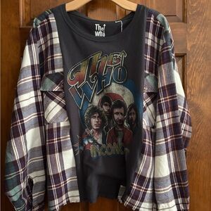 Upcycled Graphic Shirt with flannel sleeves - Black and Blue